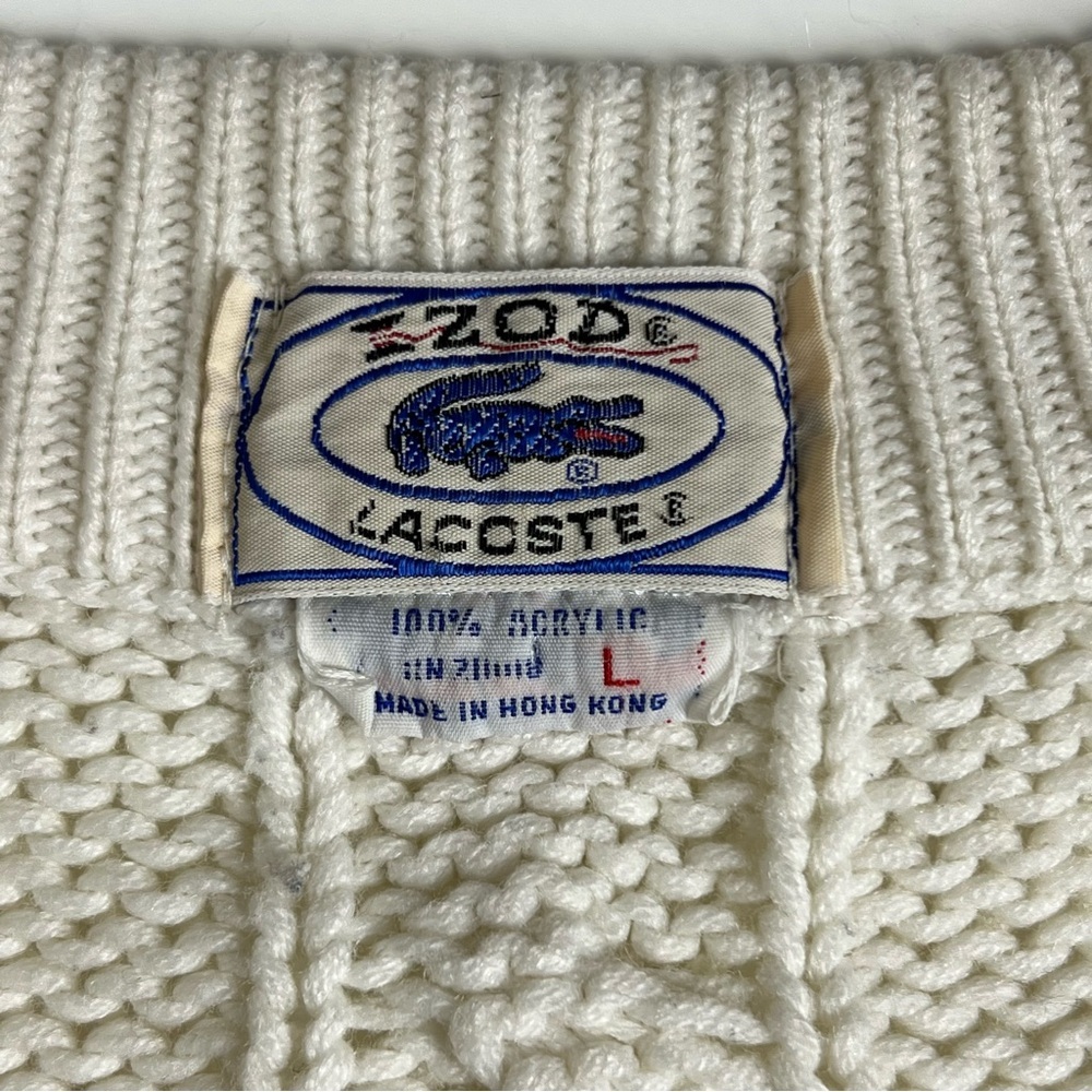 VINTAGE 80s Izod Lacoste Cable Knit Tennis Sweater - Cream - Made in HK - Picture 3 of 6